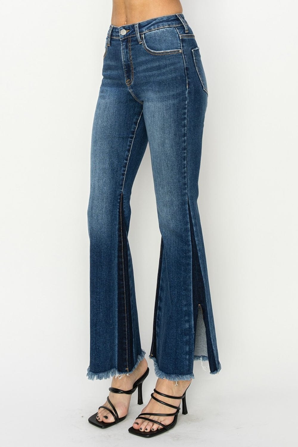 RISEN Full Size High Rise Side Shadow Seam Detail Slit Flare Jeans - Trendsi