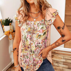 Ruffled Floral Square Neck Cap Sleeve Blouse Trendsi