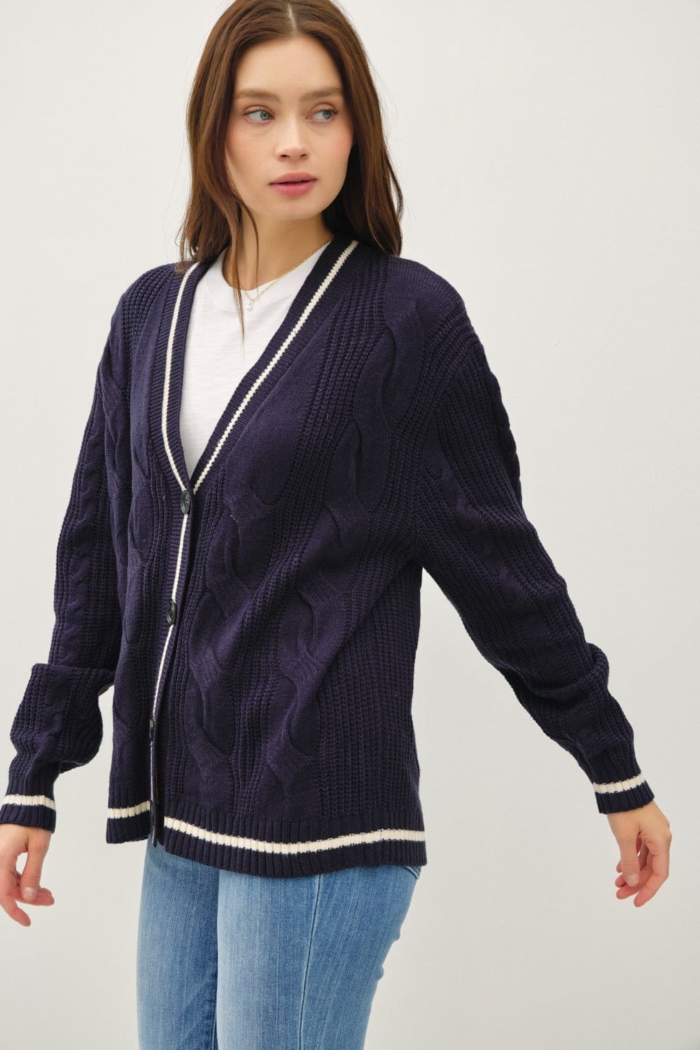 Be Cool Contrast Trim Cable-Knit V-Neck Cardigan - Trendsi