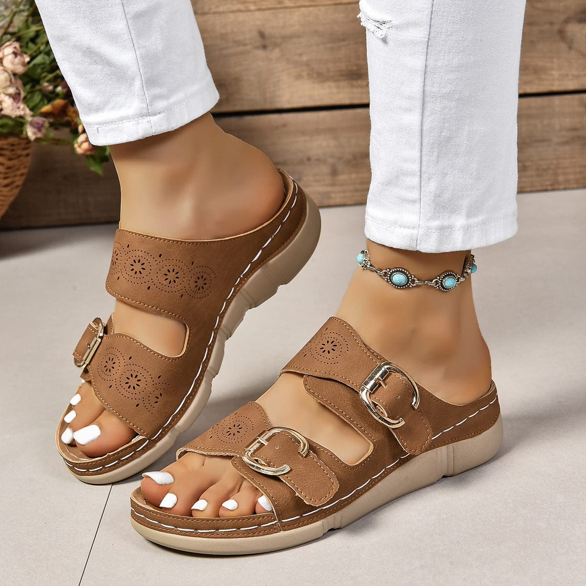 PU Leather Open Toe Buckle Sandals - Trendsi