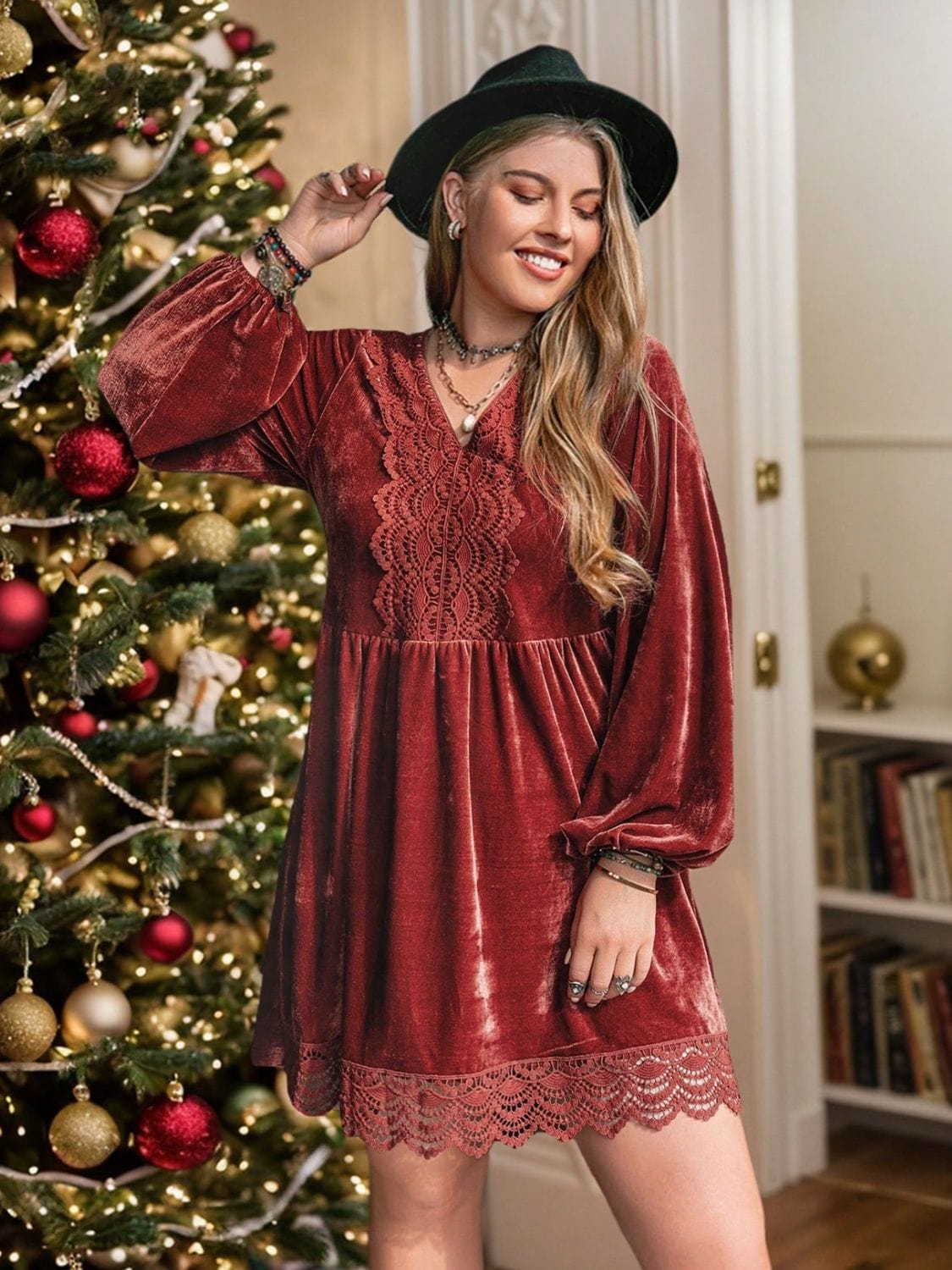 Plus Size Lace Detail V-Neck Long Sleeve Mini Dress - Trendsi