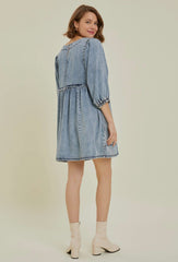 Cutout Round Neck Balloon Sleeve Denim Dress - Trendsi