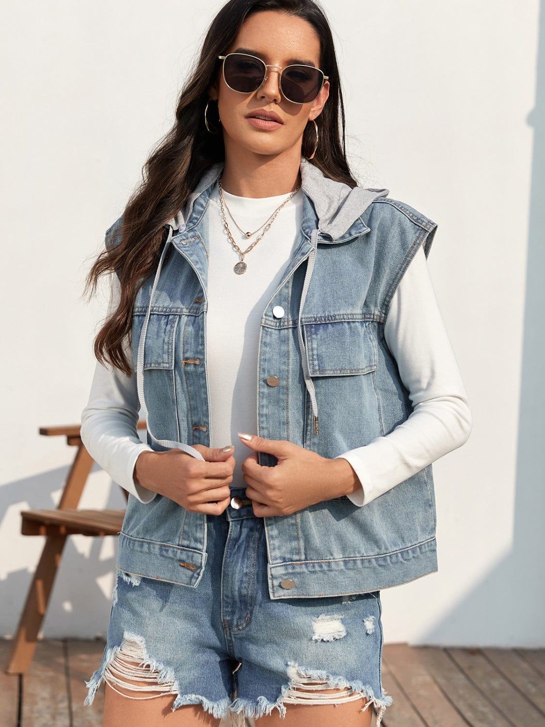 Drawstring Button Up Sleeveless Denim Jacket - Trendsi