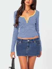 Buttoned Striped Long Sleeve T-Shirt - Trendsi