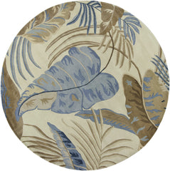 8' Ivory Blue Hand Tufted Tropical Leaves Round Indoor Area Rug