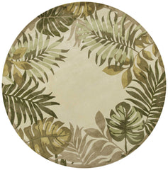 8' Ivory Hand Tufted Bordered Tropical Leaves Round Indoor Area Rug