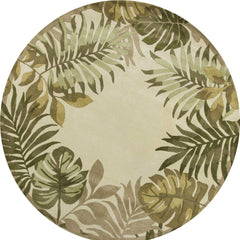 8' Ivory Hand Tufted Bordered Tropical Leaves Round Indoor Area Rug