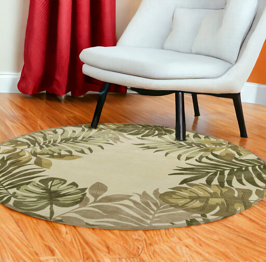 8' Ivory Hand Tufted Bordered Tropical Leaves Round Indoor Area Rug