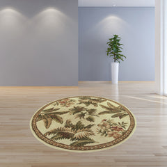 8' Ivory Hand Tufted Bordered Tropical Plants Round Indoor Area Rug