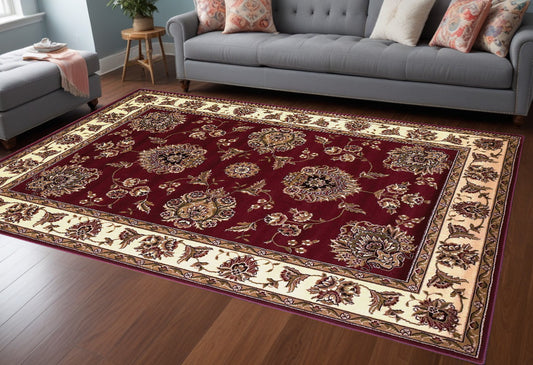 10' X 13' Red Ivory Machine Woven Floral Traditional Indoor Area Rug