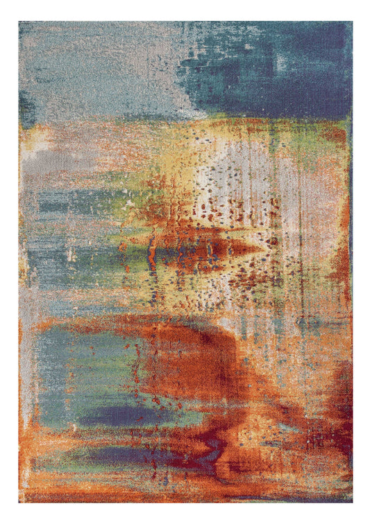 10' X 13' Blue Rust Orange Machine Woven Abstract Brushstrokes Indoor Area Rug