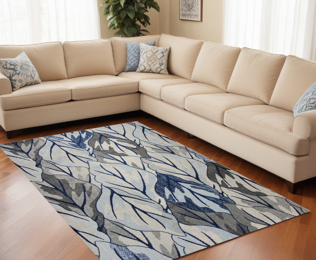 10' X 13' Grey Navy Blue Machine Woven Tropical Leaves Indoor Area Rug