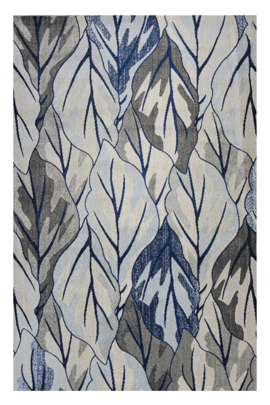 10' X 13' Grey Navy Blue Machine Woven Tropical Leaves Indoor Area Rug