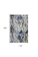 10' X 13' Grey Navy Blue Machine Woven Tropical Leaves Indoor Area Rug