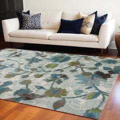 10' X 13' Teal Blue Machine Woven Floral Indoor Area Rug