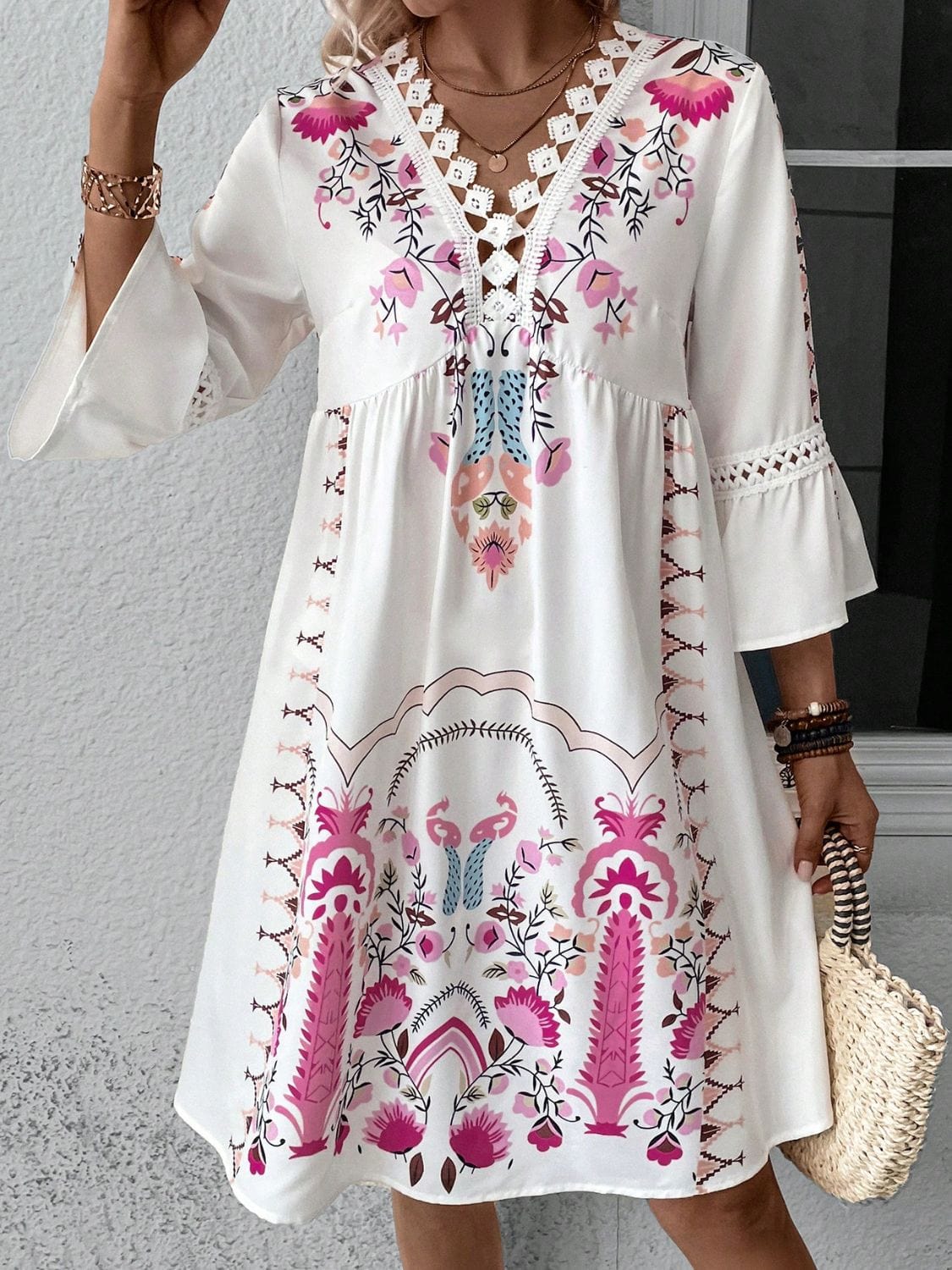 Lace Detail Printed Three-Quarter Sleeve Dress - Trendsi