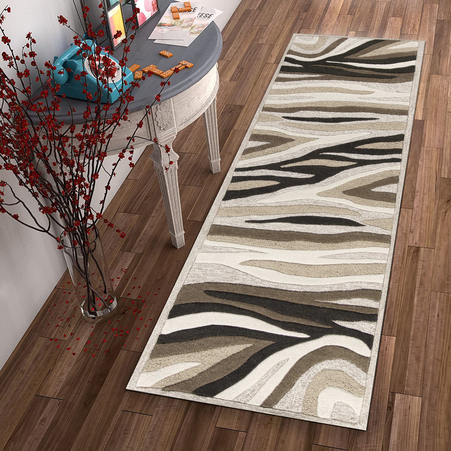 2' X 7' Natural Abstract Waves Wool Runner Rug