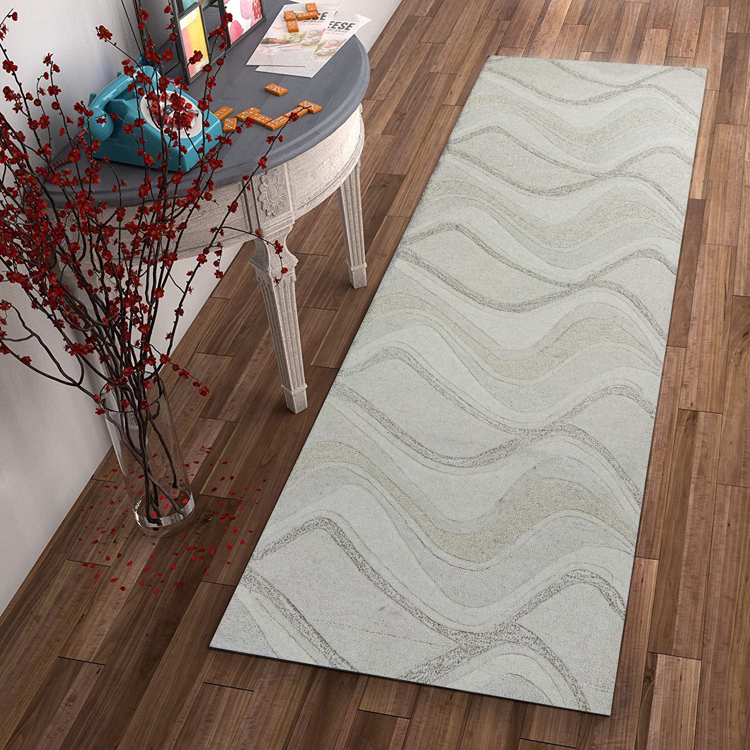 2' X 7' Ivory Abstract Waves Wool Runner Rug