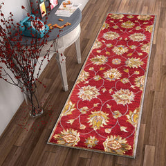 2' X 7' Red Floral Vines Bordered Wool Runner Rug