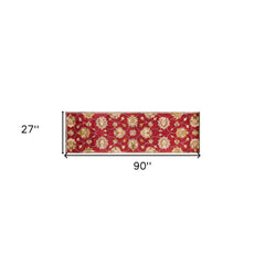 2' X 7' Red Floral Vines Bordered Wool Runner Rug