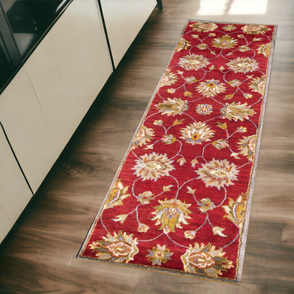 2' X 7' Red Floral Vines Bordered Wool Runner Rug