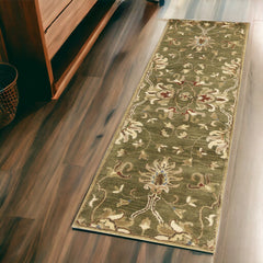 2' X 7' Emerald Green Floral Vine Wool Runner Rug