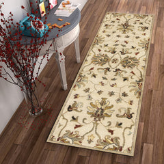 8' Champagne Wool Floral Handmade Runner Rug