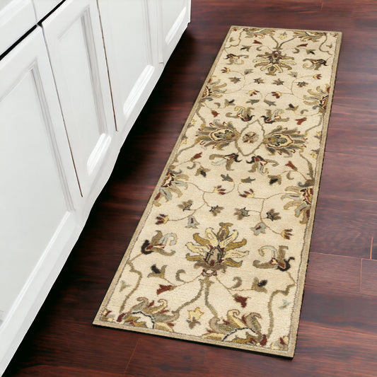 8' Champagne Wool Floral Handmade Runner Rug