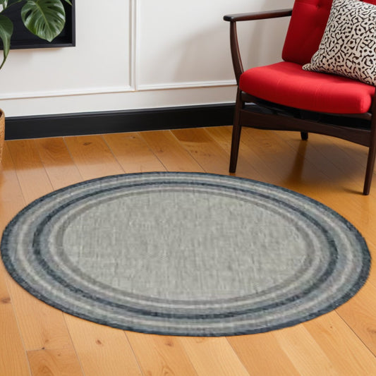 8' Round Blue and Gray Round Striped Indoor Outdoor Area Rug