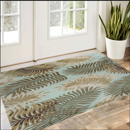 3' X 5' Aqua Fern Leaves Wool Area Rug