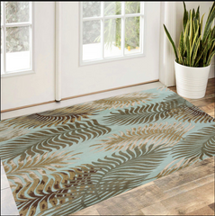 3' X 5' Aqua Fern Leaves Wool Area Rug