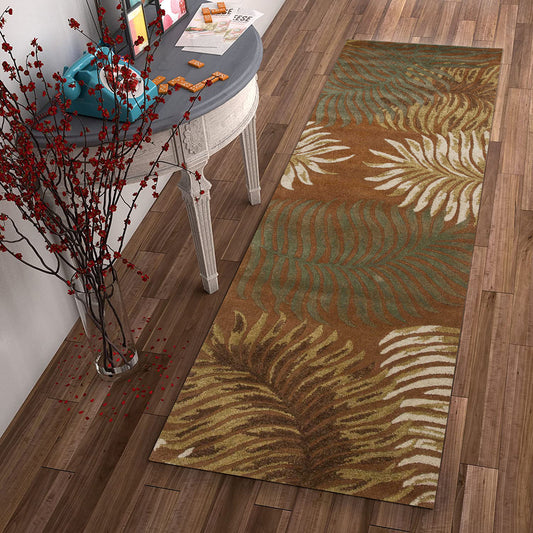 8' Rust Orange Hand Tufted Tropical Leaves Indoor Runner Rug