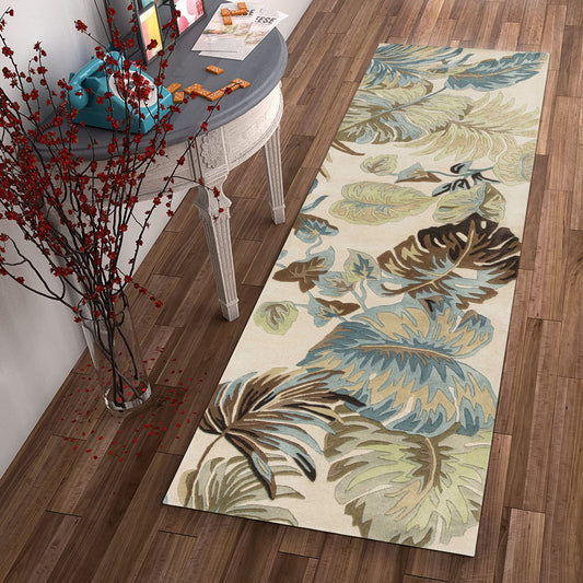 8' Ivory Blue Hand Tufted Tropical Leaves Indoor Runner Rug