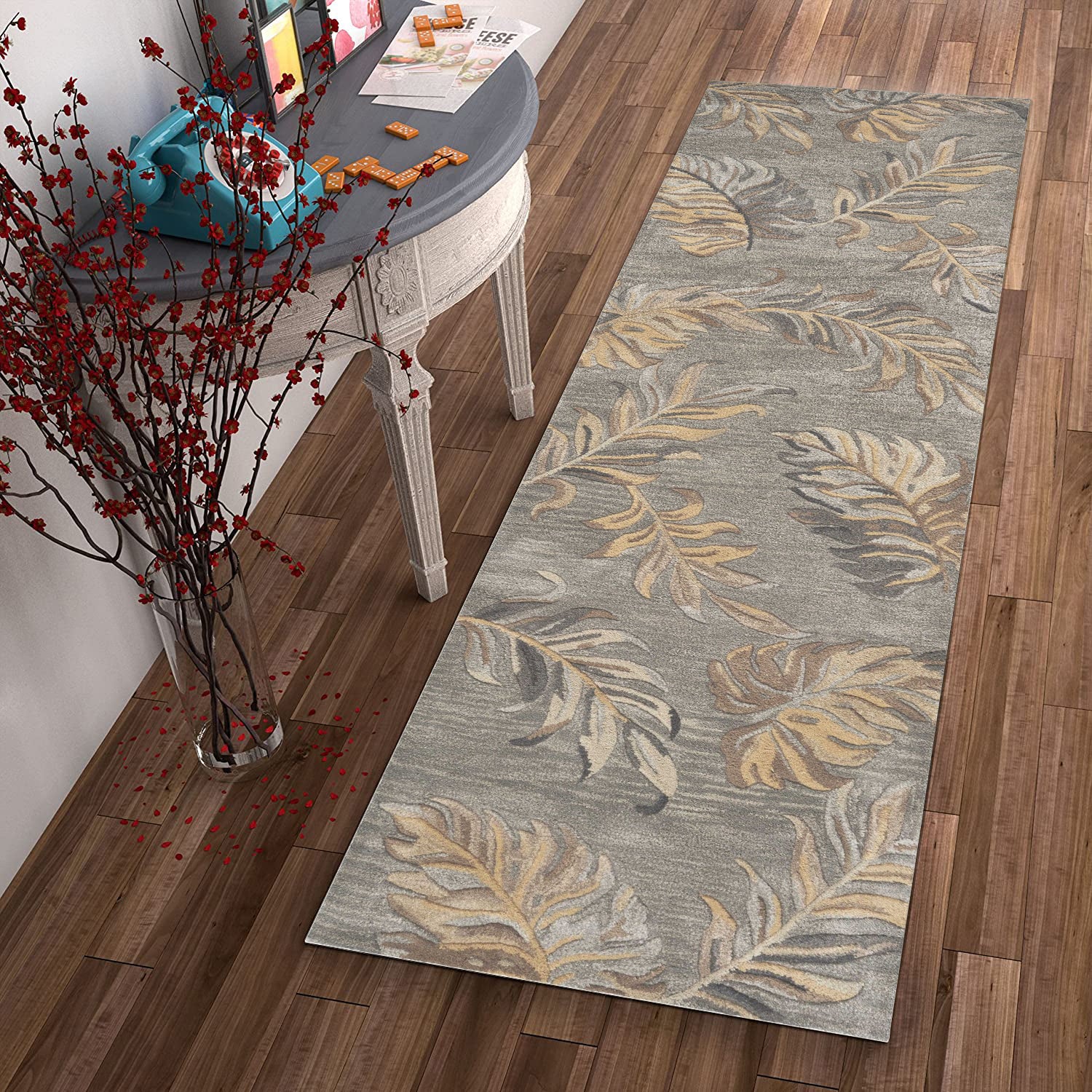 2' X 8' Grey Palm Leaves Wool Runner Rug