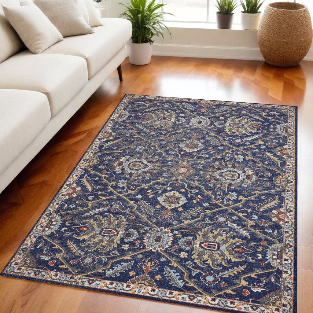 5' X 8' Navy Gold and Ivory Oriental Area Rug - Homeroots