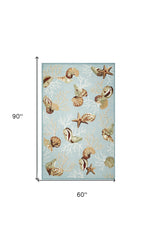 5' X 7' Blue Corals And Shells Indoor Area Rug - Homeroots