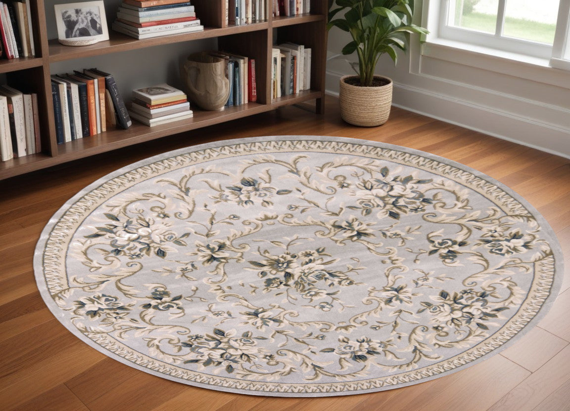 8' Light Grey Floral Round Indoor Area Rug