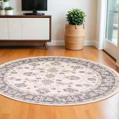 8' Ivory Grey Floral Round Indoor Area Rug