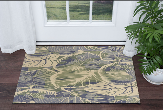 3' X 5' Blue Or Green Tropical Leaves Wool Indoor Area Rug