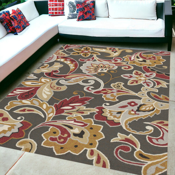 5' X 8' Taupe Floral Handmade Indoor Outdoor Area Rug