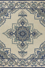 5' X 8' Ivory and Blue Damask Handmade Indoor Outdoor Area Rug - Homeroots