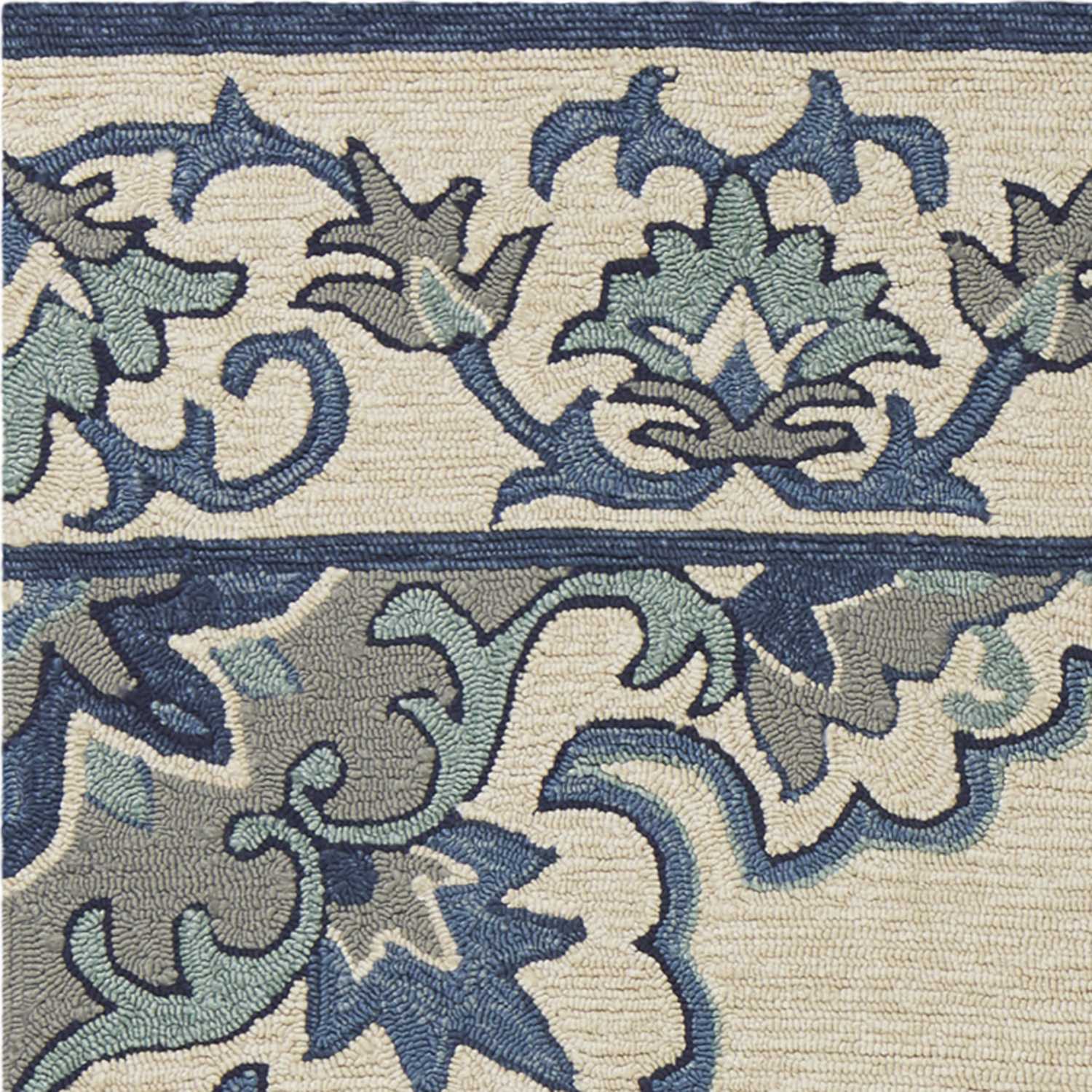 5' X 8' Ivory and Blue Damask Handmade Indoor Outdoor Area Rug - Homeroots