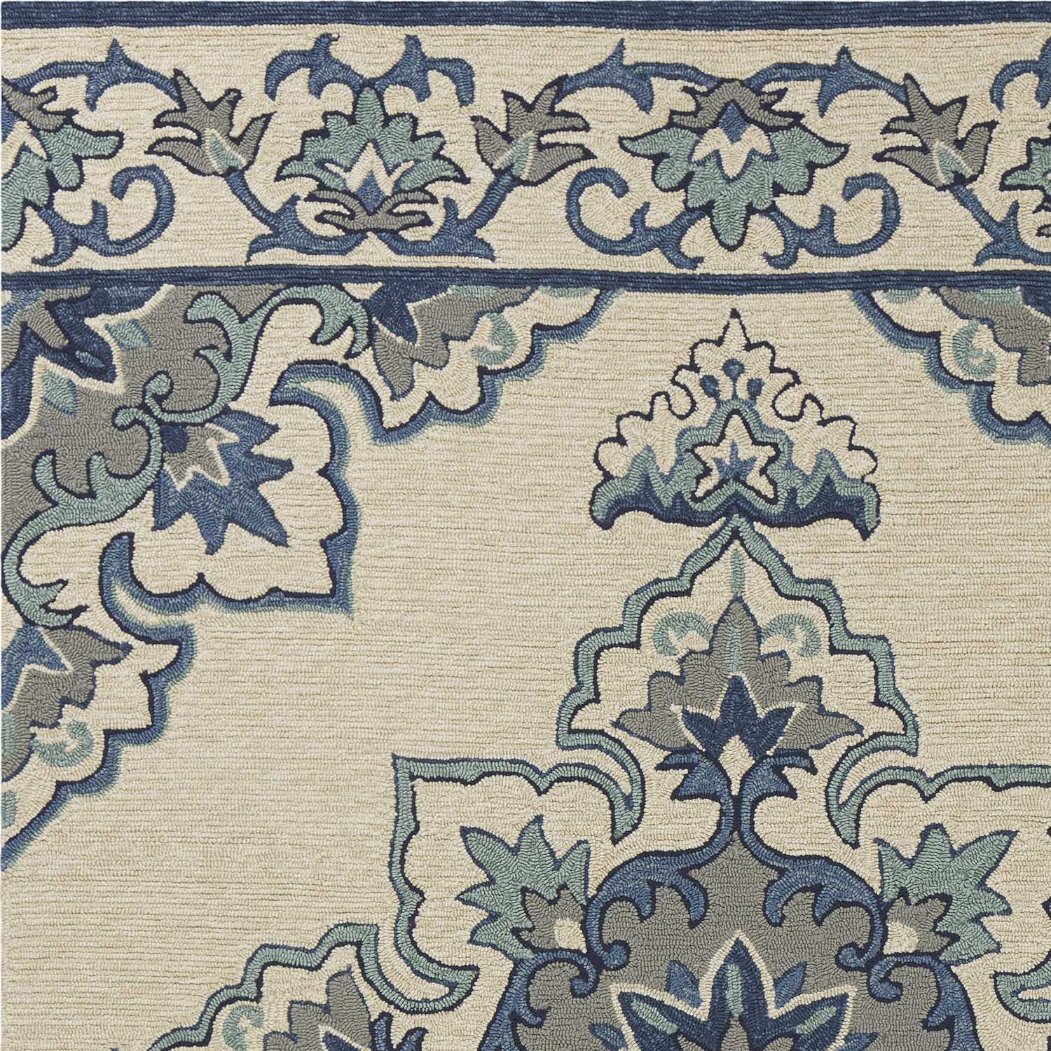 5' X 8' Ivory and Blue Damask Handmade Indoor Outdoor Area Rug - Homeroots