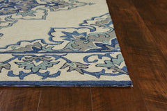 5' X 8' Ivory and Blue Damask Handmade Indoor Outdoor Area Rug - Homeroots