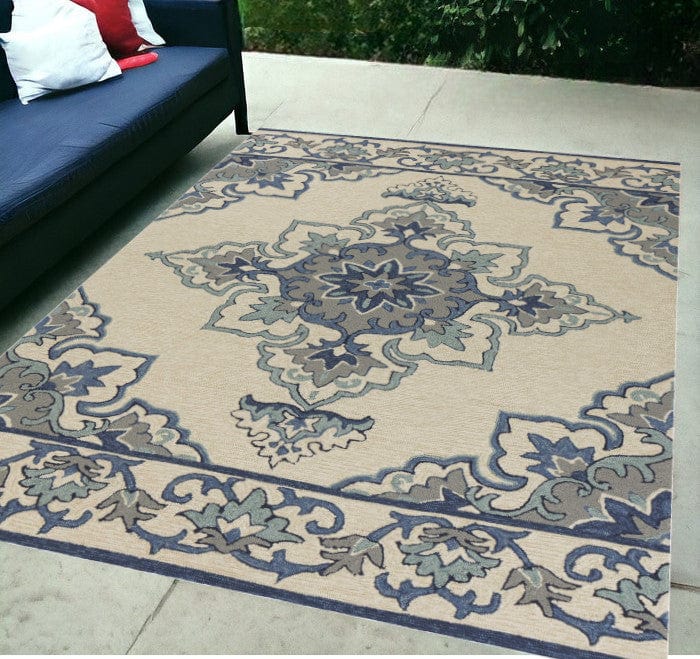 5' X 8' Ivory and Blue Damask Handmade Indoor Outdoor Area Rug - Homeroots