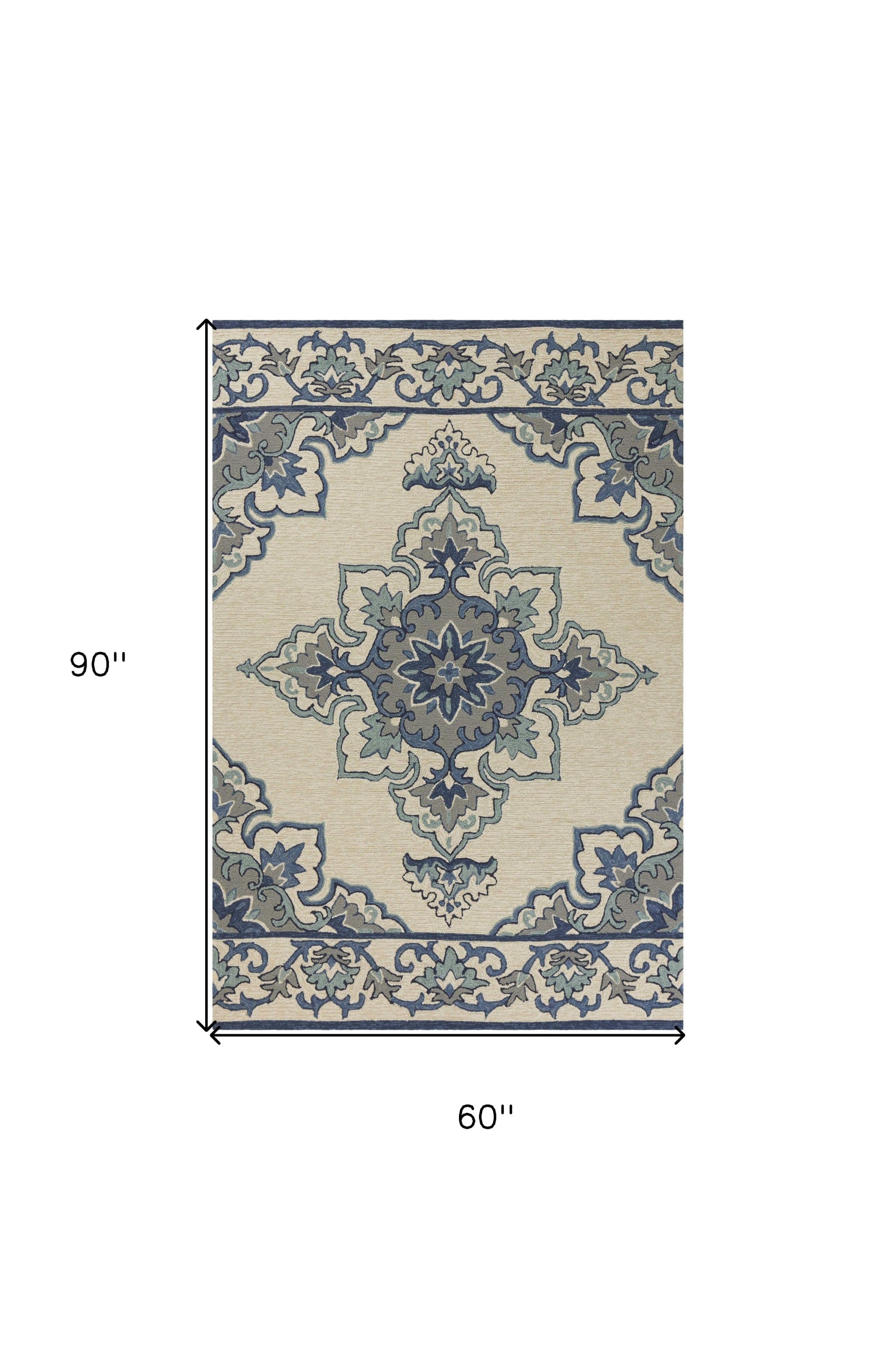 5' X 8' Ivory and Blue Damask Handmade Indoor Outdoor Area Rug - Homeroots