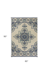 5' X 8' Ivory and Blue Damask Handmade Indoor Outdoor Area Rug - Homeroots