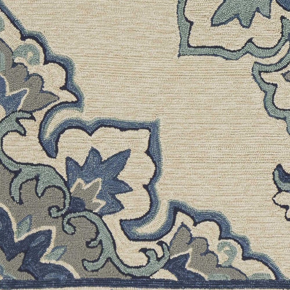 5' X 8' Ivory and Blue Damask Handmade Indoor Outdoor Area Rug - Homeroots