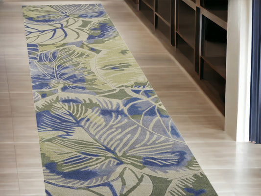 2' X 10' Blue Or Green Oversized Leaves Wool Indoor Runner Rug