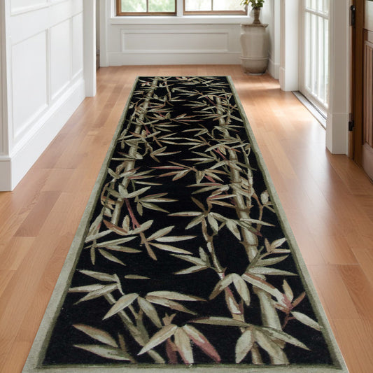 10' Black Hand Tufted Bordered Tropical Bamboo Indoor Runner Rug